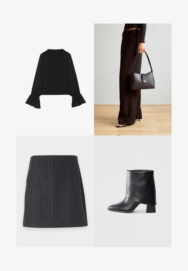 Top noir à manches longues avec des poignets évasés, texture douce et coupe décontractée, doté d'un col rond simple.; Jupe mini grise foncée en tissu texturé avec des rayures verticales. Coupe droite avec une taille élastique et une finition lisse.; Bottine en cuir noir à bout pointu, texture lisse et talon bloc structuré. Elle se distingue par un design de revers haut et plié.; Sac à main noir à la forme structurée, texture lisse et fermoir métallique. Associé à un pantalon noir ample et des sandales ouvertes sur un sol en bois.