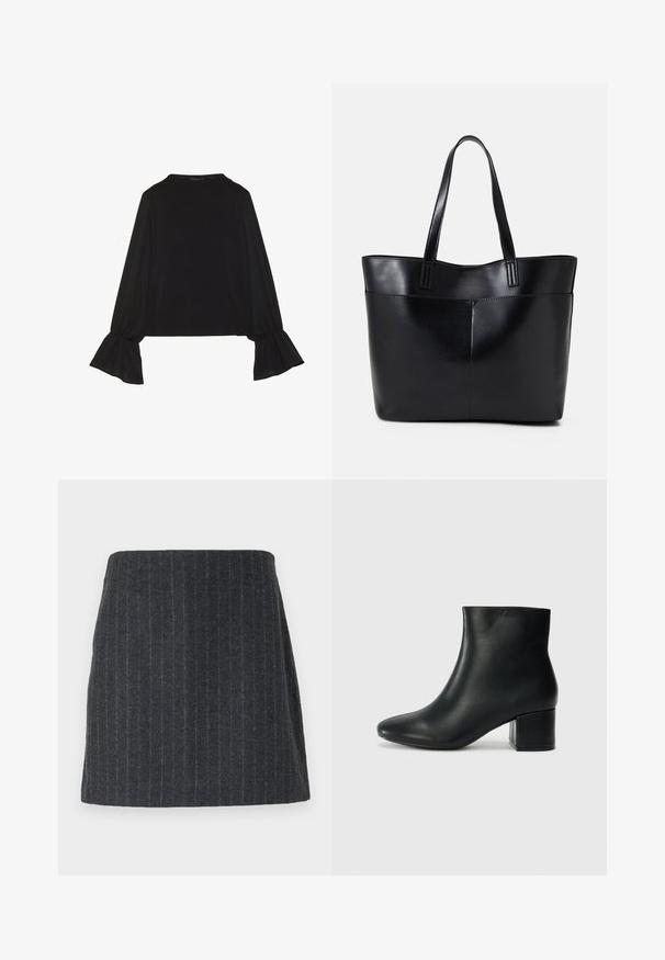 Maglietta nera a maniche lunghe con polsini svasati, texture morbida e vestibilità rilassata, con un semplice collo rotondo.; Mini gonna grigia scura realizzata in tessuto testurizzato con righe verticali. Taglio dritto con vita elastica e finitura liscia.; Stivali neri in pelle fino alla caviglia con punta appuntita e tacco spesso. Texture liscia con minimi dettagli e un design elegante e aderente.; Borsa a tracolla in pelle nera con due manici lunghi, una texture liscia e una forma strutturata. Presenta una tasca frontale per ulteriore spazio di archiviazione.