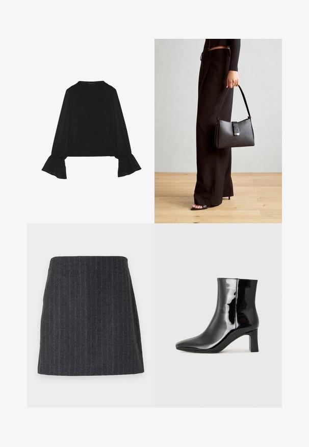 Zwarte langemouwen top met uitlopende manchetten, een zachte textuur en een relaxed fit, met een eenvoudige ronde halslijn.; Donkergrijze mini-jurk van gestructureerde stof met verticale streepjes. Rechte snit met een elastische tailleband en een gladde afwerking.; Zwarte gepolijste leren enkellaars met een spitse neus en een blokhak van gemiddelde hoogte. Glad textuur en minimalistisch ontwerp.; Zwarte handtas met gestructureerde vorm, gladde textuur en een metalen sluiting. Gecombineerd met brede zwarte broeken en sandalen met open teen op een houten vloer.