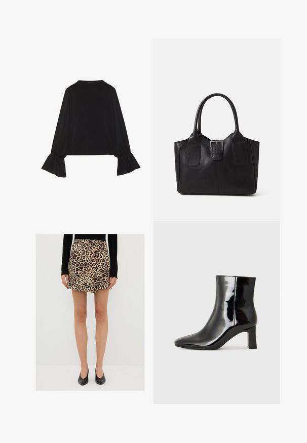 Schwarz langärmliges Oberteil mit ausgestellt geschnittenen Bündchen, weicher Textur und entspannter Passform, mit einem schlichten runden Halsausschnitt.; Minirock mit Leopardenmuster aus weichem Stoff, mit hoher Taille und geradem Schnitt. Kombiniert mit schwarzen spitzen Pumps.; Schwarzer Lackleder-Stiefelette mit spitzer Zehe und einem mittelhohen Blockabsatz. Glatte Textur und minimalistisches Design.; Schwarze Leder-Tote mit glatter Textur, strukturiertem Design, zwei Griffen und einem auffälligen silbernen Schnallen-Detail auf der Vorderseite.