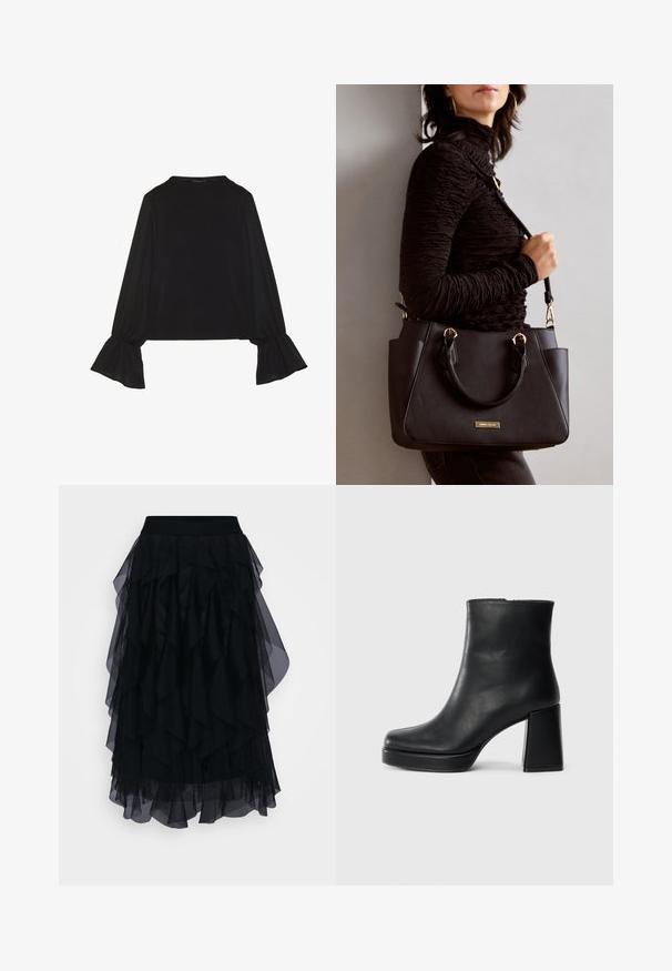 Fekete, hosszú ujjú felső, harang alakú mandzsettákkal, puha textúrával és laza szabással, egyszerű, kerek nyakkivágással.; Fekete, rétegezett tüll szoknya széles, rugalmas derékpánttal. A dizájn ráncolt rétegeket tartalmaz átlátszó véggel, amelyek könnyed, áramló siluettet kölcsönöznek.; Fekete bőr bokacsizma tömbsarkal és platform talppal, oldalról nézve, sima fehér háttéren.; Fekete kézitáska texturált felülettel, dupla felső fogantyúval és állítható vállpánttal. Arany színű fém kiegészítők és oldalsó zsebek találhatók rajta.