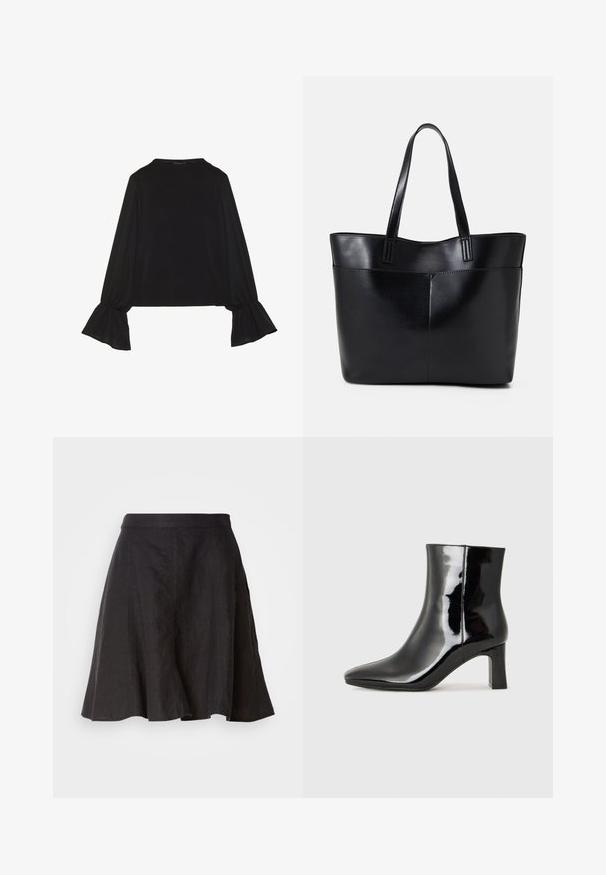 Top negro de manga larga con puños acampanados, textura suave y un ajuste relajado, con un sencillo cuello redondo.; Falda de lino negra con un diseño acampanado, que presenta una cinturilla y costuras. La tela tiene un acabado ligeramente texturizado y llega hasta la rodilla.; Botín de charol negro con punta afilada y un tacón de bloque de altura media. Textura suave y diseño minimalista.; Bolso tote de cuero negro con dos asas largas, textura suave y forma estructurada. Cuenta con un bolsillo frontal para almacenamiento adicional.