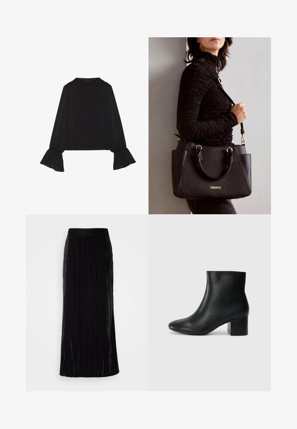 Top preto de mangas longas com punhos largos, textura suave e um corte descontraído, com um simples decote redondo.; Saia maxi de veludo preto com pregas verticais e um cós de renda em formato de escama. O tecido tem uma aparência suave e texturizada.; Botas de tornozelo em pele preta com bico pontiagudo e um salto robusto. Textura suave com acentos mínimos e um design ajustado e elegante.; Bolsa preta com superfície texturizada, alças superiores duplas e alça de ombro ajustável. Apresenta ferragens em tom dourado e bolsos laterais.