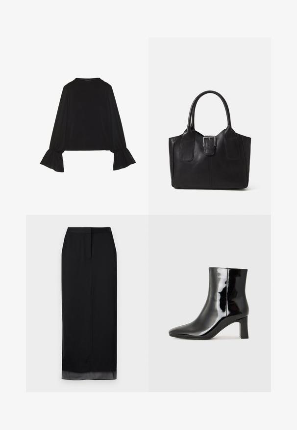 Musta pitkähihainen toppi, jossa on levenevät hihansuut, pehmeä rakenne ja rento fit, yksinkertaisella pyöreällä pääntiellä.; Musta pitkä hame, joka on valmistettu sileästä kankaasta. Hameessa on suora siluetti, hienovarainen läpikuultava helma, muotoiltu vyötärö ja takasaumassa halkio.; Musta patenttilakattu nilkkuri, jossa on terävä kärki ja keskipitkä lohkarekorko. Silkkinen pinta ja minimalistinen muotoilu.; Musta nahkainen olkalaukku, jossa on sileä pinta, ryhdikäs muoto, kaksi kahvaa ja silmienpistävä hopeinen solkiyksityiskohta edessä.
