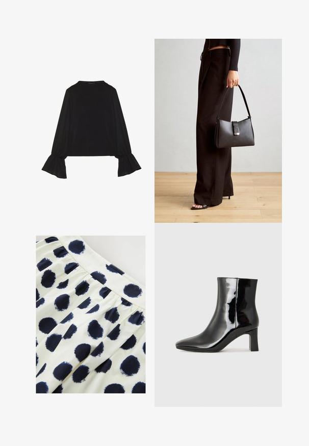 Top noir à manches longues avec des poignets évasés, texture douce et coupe décontractée, doté d'un col rond simple.; Jupe en tissu blanc avec des pois ronds bleu marine. La jupe a une taille froncée et une texture lisse.; Bottines en cuir verni noir avec un bout pointu et un talon block de hauteur moyenne. Texture lisse et design minimaliste.; Sac à main noir à la forme structurée, texture lisse et fermoir métallique. Associé à un pantalon noir ample et des sandales ouvertes sur un sol en bois.