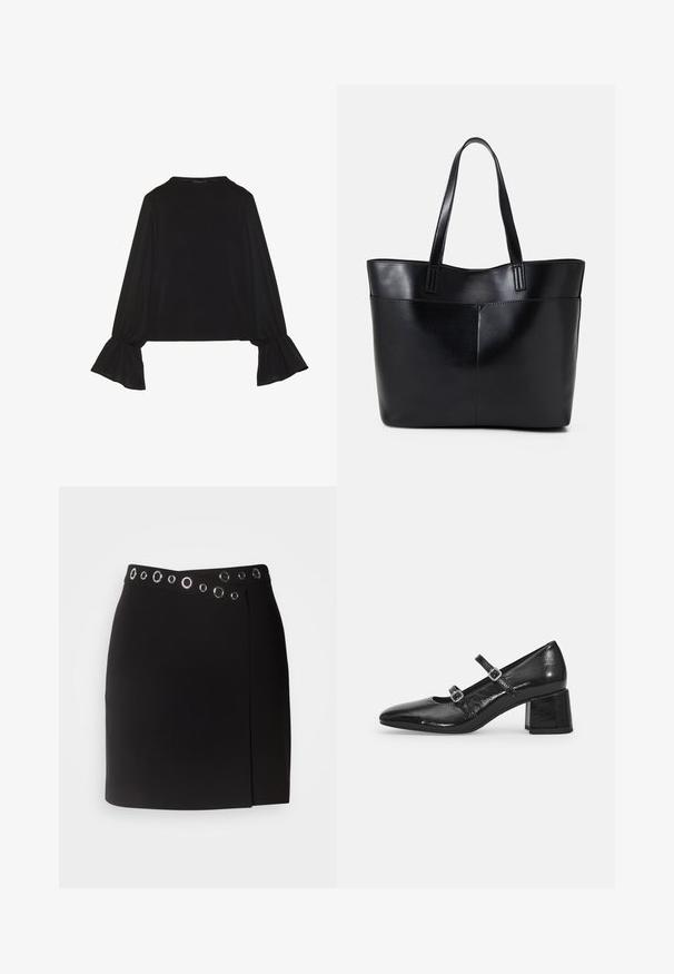 Top negru cu mânecă lungă, cu mansete evazate, textură moale și croială lejeră, având un guler rotund simplu.; Morgan JILLY - Fustă petrecută - noir; Pantofi Mary Jane din piele sintetica lucioasa, negri, cu vârful ascuțit, două curele reglabile și toc gros. Textură netedă și finisaj strălucitor.; Geantă oversized din piele neagră, cu două mânere lungi, de textură netedă și formă structurată. Are un buzunar frontal pentru stocare suplimentară.