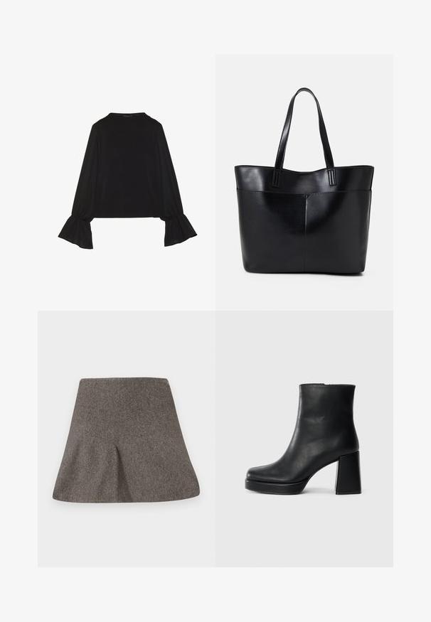 Mustsärgid musta tooniga, pika varrukaga, flöödid käised, pehme tekstuur ja vabalt langev lõige, lihtsa ümaraga kaelusega.; Hallitus hall värviline A-joonega seelik laia vöökohaga ja kerge tekstuuriga, asetatud lameda valguse taustal.; Must musta ankle boot, milleplokk-konts ja platvormi tallaga, vaadatud küljelt ühetoonilise valge tausta peal.; Must mustaga musta nahast, millel on kaks pikka kanda, sile tekstuur ja struktureeritud kuju. Esipoolsel on lisakoti jaoks tasku.