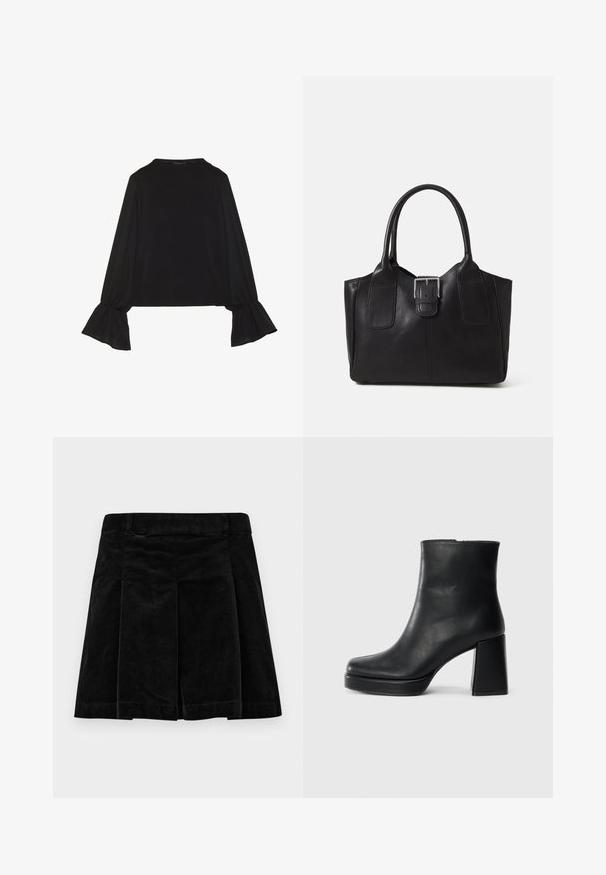 Top preto de mangas longas com punhos largos, textura suave e um corte descontraído, com um simples decote redondo.; Saias de veludo cotelê pretas com um design pregueado, apresentando um corte reto, superfície texturizada e uma cintura para um ajuste seguro.; Bota de couro preta até ao tornozelo com salto bloco e sola com plataforma, vista de lado sobre um fundo branco liso.; Bolsa tote de couro preta com textura suave, forma estruturada, duas alças e um destaque prateado proeminente na parte da frente.