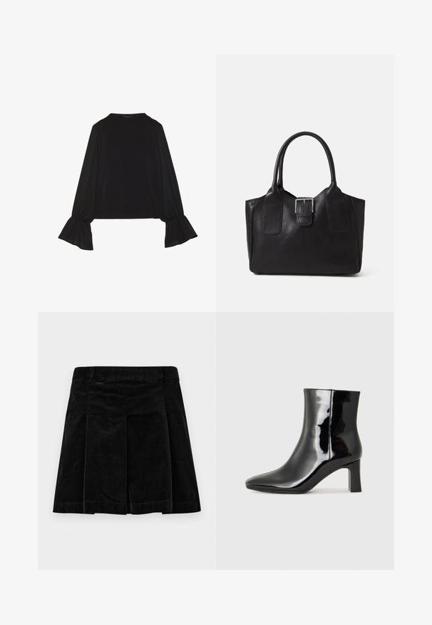 Top negro de manga larga con puños acampanados, textura suave y un ajuste relajado, con un sencillo cuello redondo.; Falda de pana negra con un diseño plisado, que presenta un corte recto, superficie texturada y una cintura para un ajuste seguro.; Botín de charol negro con punta afilada y un tacón de bloque de altura media. Textura suave y diseño minimalista.; Bolso tote de cuero negro con textura suave, forma estructurada, dos asas y un prominente detalle de hebilla plateada en la parte frontal.