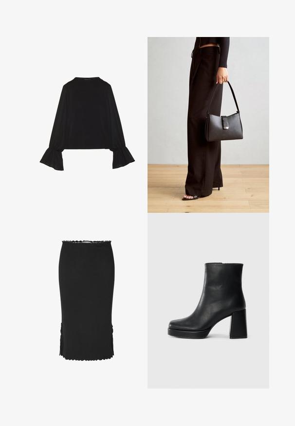 Fekete, hosszú ujjú felső, harang alakú mandzsettákkal, puha textúrával és laza szabással, egyszerű, kerek nyakkivágással.; Fekete bokáig érő szoknya textúrált anyagból, fodros szegéllyel és oldalsó sliccekkel a könnyebb mozgás érdekében.; Fekete bőr bokacsizma tömbsarkal és platform talppal, oldalról nézve, sima fehér háttéren.; Fekete kézi táska strukturált formával, sima textúrával és fémből készült záródással. Széles fekete nadrággal és nyitott orrú szandállal párosítva, fából készült padlón.