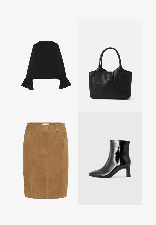Black long-sleeve top featuring flared cuffs, soft texture, and a relaxed fit, with a simple round neckline.; Brown suede pencil skirt with a smooth texture, front pockets, a button closure, and vertical seam details.; Black patent leather ankle boot with a pointed toe and a mid-height block heel. Smooth texture and minimalist design.; Black leather tote bag with smooth texture, structured shape, two handles, and a prominent silver buckle detail on the front.