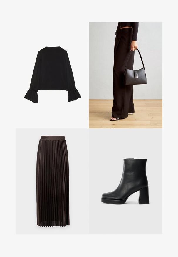 Črn dolg rokav vrh z razširjenimi manšetami, mehko teksturo in sproščenim krojem, z preprostim okroglim izrezom.; Zložena midi krila iz temno rjave tkanine, ki ima gladek pas, dolžino do tal in vertikalne gube za dodano teksturo.; Črne usnjene gležnjarje z blok peto in platformo, prikazane s strani na enobarvni beli podlagi.; Črna torbica z strukturirano obliko, gladko teksturo in kovinskim zaponko. Ujemajo se z širokimi črnimi hlačami in odprtimi sandali na lesenem tleh.