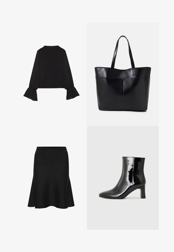 Juoda ilgomis rankovėmis palaidinė su išsiplėtusiais rankogaliais, minkšta tekstūra ir laisva forma, su paprastu apvaliu kaklu.; Juoda megzta platėjanti sijonas su plačiu juosmeniu. Dėl lygios tekstūros ir švelnaus platėjimo prie apykaklės. Jokios matomos raštų ar akcentų.; Juodos lakuotos odinės aulinukės su smailiu pirštu ir vidutinio aukščio blokuotu kulnu. Lygus paviršius ir minimalistinis dizainas.; Juoda odinė rankinė su dviem ilgais diržais, lygiu paviršiumi ir struktūrizuota forma. Yra priekinė kišenė papildomam saugojimui.