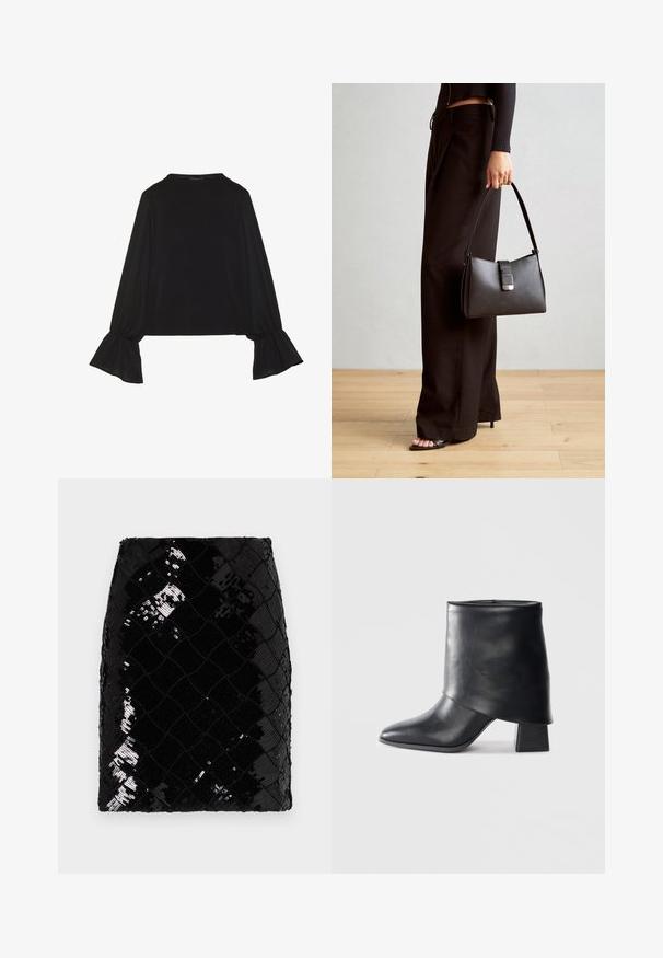 Melna garām piedurknēm krekls ar izplestu aproču, maigu tekstūru un brīvu piegriezumu, ar vienkāršu apaļu dekoltē.; Melnas spīdīgas mini svārki ar dimantu rakstu, ar strukturētu virsmu un pieguļošu siluetu. Vienkārša josta augšpusē.; Melnas ādas potītes zābaki ar norādītu purngalu, gludu tekstūru un strukturētu blokveida papēdi. Iezīmē augstu, salocītu apkakles dizainu.; Melnā somiņa ar strukturētu formu, gludu tekstūru un metālu sprādzi. Saskaņota ar platām melnām biksēm un sandālēm ar atvērtu purngalu uz koka grīdas.