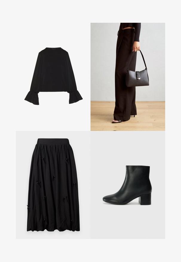 Mustsärgid musta tooniga, pika varrukaga, flöödid käised, pehme tekstuur ja vabalt langev lõige, lihtsa ümaraga kaelusega.; Must must have pehmeast kangast, kogutud vöökoht, põlvekõrgune disain ja väiksed kaared, millel on helmed jaotatud intervallidega.; Mustad nahast pahkluu saapad terava varbaga ja jämeda kandaga. Sile tekstuur minimaalse aktsentidega ja stiilne, lihvitud disain.; Must musta kott, millel on struktureeritud kuju, sile tekstuur ja metallist klamber. Kombineeritud laiate mustade pükstega ja avatud varvaste sandaalidega puidust põrandal.
