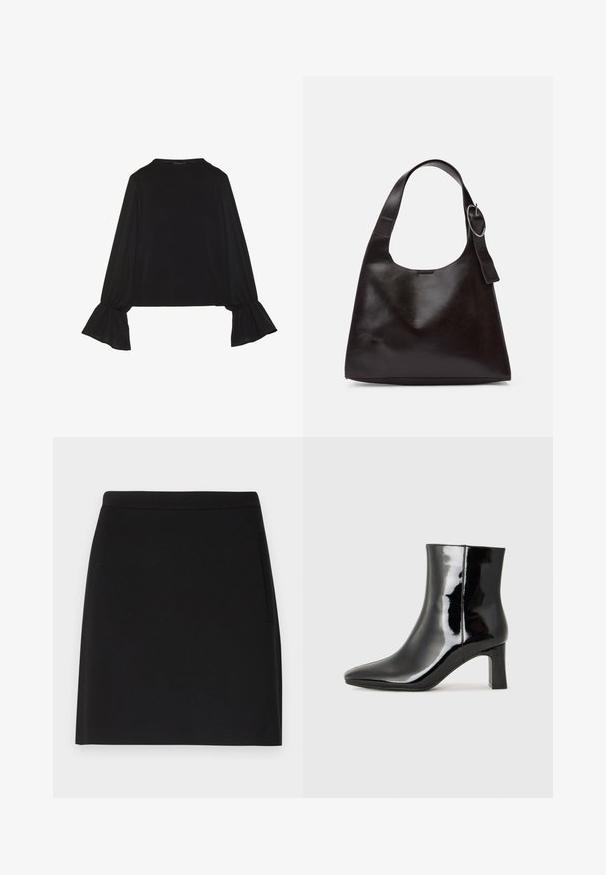 Černý top s dlouhými rukávy, který má rozšířené manžety, jemnou texturu a volný střih, s jednoduchým kulatým výstřihem.; Černá sukně s jednoduchým designem, disponující hladkým povrchem a přiléhavým pasem. Obsahuje boční kapsu pro zvýšení funkčnosti.; Černé lakované kotníkové boty s špičatou špičkou a středně vysokým blokovým podpatkem. Hladká textura a minimalistický design.; Hnědá kožená taška přes rameno s hladkou texturou, zaobleným tvarem, širokým popruhem a kulatým kovovým akcentem na rukojeti.