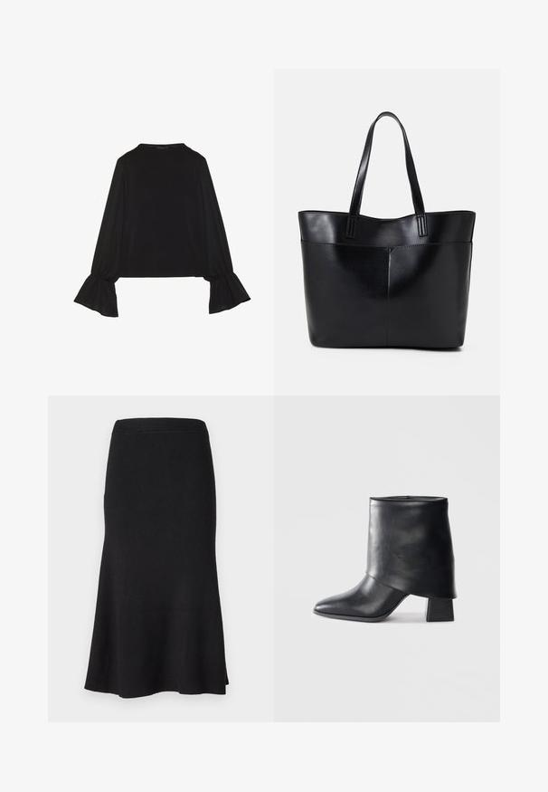 Top negru cu mânecă lungă, cu mansete evazate, textură moale și croială lejeră, având un guler rotund simplu.; Fustă tricotată neagră, cu un talie ajustată și un tiv bombat. Textură netedă, design până la genunchi, cu un model de nervuri uniform distribuit.; Botine din piele neagră cu vârf ascuțit, textură netedă și toc bloc structurat. Prezintă un design cu manșetă înaltă și pliată.; Geantă oversized din piele neagră, cu două mânere lungi, de textură netedă și formă structurată. Are un buzunar frontal pentru stocare suplimentară.