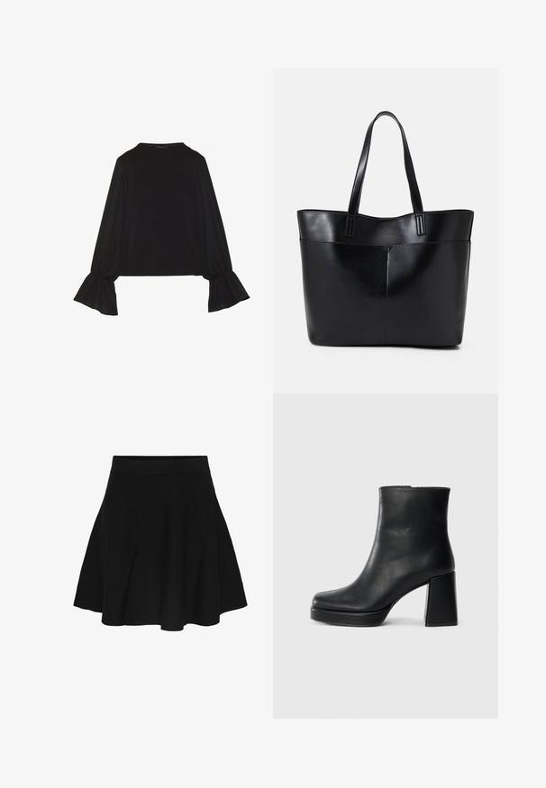 Juoda ilgomis rankovėmis palaidinė su išsiplėtusiais rankogaliais, minkšta tekstūra ir laisva forma, su paprastu apvaliu kaklu.; Juodas plačias sijonas su elastinga juosta, kelio ilgio, pagamintas iš minkštos medžiagos, rodomas ant balto fono.; Juodas odinis kulkšninis botas su bloku ir platformos padu, matomas šoniniu vaizdu ant balto fono.; Juoda odinė rankinė su dviem ilgais diržais, lygiu paviršiumi ir struktūrizuota forma. Yra priekinė kišenė papildomam saugojimui.