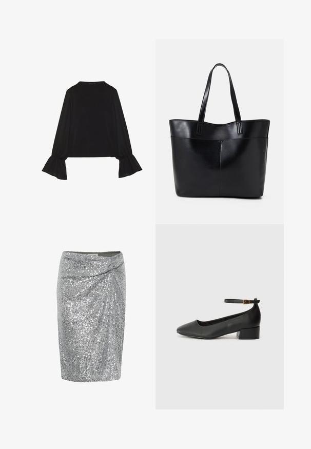 Schwarz langärmliges Oberteil mit ausgestellt geschnittenen Bündchen, weicher Textur und entspannter Passform, mit einem schlichten runden Halsausschnitt.; Silberner, mit Pailletten belegter Minirock mit Wickeldesign, der über eine glatte Textur und eine taillierte Silhouette verfügt. Mit schimmernden Pailletten verziert.; Schwarze Lederpumps mit spitzem Zehenbereich und niedrigem Blockabsatz. Mit einem Knöchelriemen und einer goldfarbenen Schnalle. Glatte Textur.; Schwarze Leder-Shopper-Tasche mit zwei langen Griffen, einer glatten Textur und einer strukturierten Form. Verfügt über eine Vordertasche für zusätzlichen Stauraum.