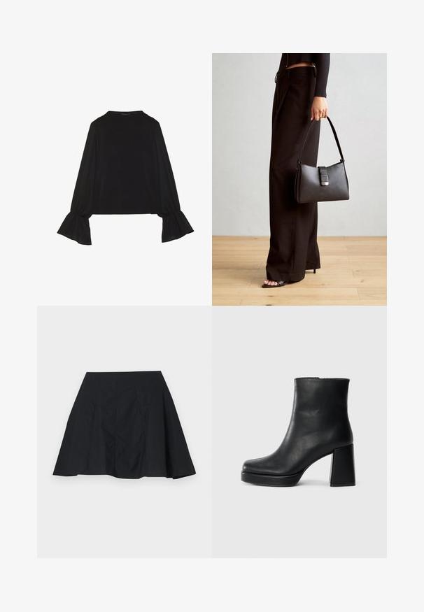 Černý top s dlouhými rukávy, který má rozšířené manžety, jemnou texturu a volný střih, s jednoduchým kulatým výstřihem.; Černá rozšířená sukně s hladkým povrchem, která má vertikální sklady a jednoduchý design. Límec je mírně asymetrický.; Černý kožený kotníkový bot s blokovým podpatkem a platformou, viděný z boku na jednoduchém bílém pozadí.; Černá kabelka se strukturovaným tvarem, hladkým povrchem a kovovým uzávěrem. Kombinována s širokými černými kalhotami a sandály s otevřenou špičkou na dřevěné podlaze.