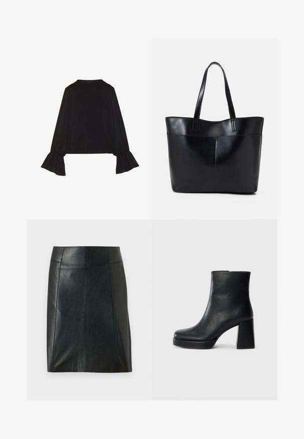 Black long-sleeve top featuring flared cuffs, soft texture, and a relaxed fit, with a simple round neckline.; Black leather skirt with a fitted design. Smooth texture, seams outlining shape, and a straight hem. Minimalistic and sleek appearance.; Black leather ankle boot with a block heel and platform sole, viewed from the side on a plain white background.; Black leather tote bag with two long handles, a smooth texture, and a structured shape. Features a front pocket for additional storage.