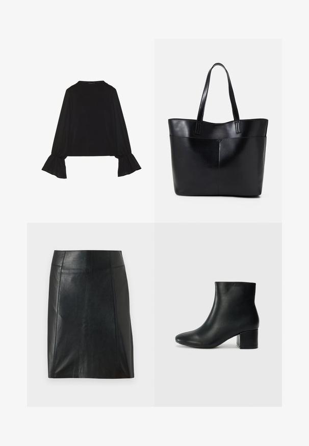 Černý top s dlouhými rukávy, který má rozšířené manžety, jemnou texturu a volný střih, s jednoduchým kulatým výstřihem.; Černá kožená sukně s přiléhavým střihem. Hladký povrch, švy zvýrazňující tvar a rovný lem. Minimalistický a elegantní vzhled.; Černé kožené kotníkové boty s špičatou špičkou a robustním podpatkem. Hladký povrch s minimálními akcenty a elegantním, přiléhavým designem.; Černá kožená taška s dlouhými ušima, hladkým povrchem a strukturovaným tvarem. Obsahuje přední kapsu pro další úložný prostor.