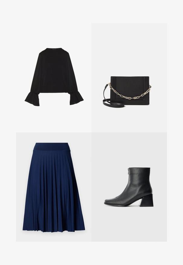 Mustsärgid musta tooniga, pika varrukaga, flöödid käised, pehme tekstuur ja vabalt langev lõige, lihtsa ümaraga kaelusega.; Tumed pleiditud seelik laia vöökohaga, valmistatud sileda kangaga. Omab vertikaalseid pleite ja ulatub keskpaigani.; Must musta ankle bot, mille ruudukujuline varvas, külgriiv ja plokk-konts, heledal taustal.; Mustast nahast õlakott, mis omab siledat tekstuuri, ristküliku kuju ning esiküljel metallketi detaili. Reguleeritav rihm on kaasas.