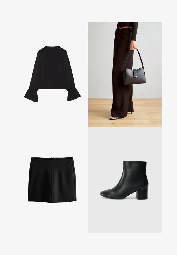 Zwarte langemouwen top met uitlopende manchetten, een zachte textuur en een relaxed fit, met een eenvoudige ronde halslijn.; Zwarte A-lijn rok in een gladde stof, met een achterrits en minimale stikseldetails. Eenvoudig ontwerp zonder patronen of versieringen.; Zwarte leren enkellaarzen met een spitse neus en een chunky hak. Gladde textuur met minimale accenten en een slank, strakk ontwerp.; Zwarte handtas met gestructureerde vorm, gladde textuur en een metalen sluiting. Gecombineerd met brede zwarte broeken en sandalen met open teen op een houten vloer.