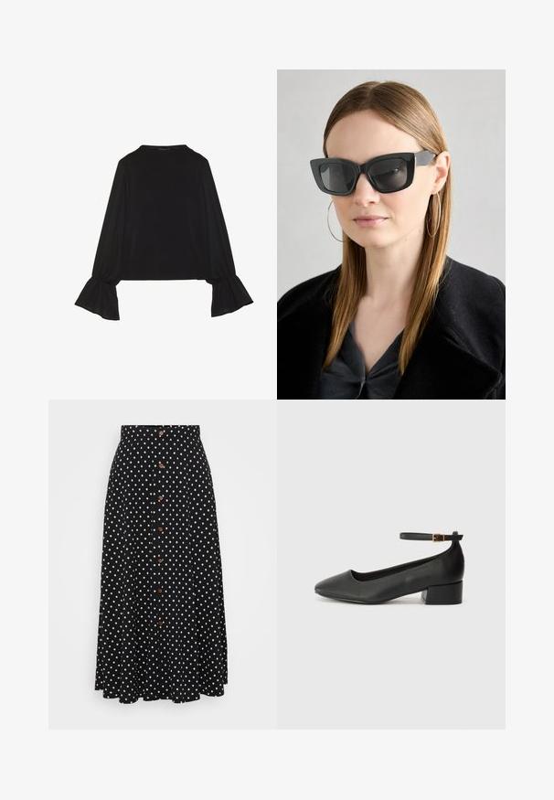 Top negru cu mânecă lungă, cu mansete evazate, textură moale și croială lejeră, având un guler rotund simplu.; Fustă neagră cu buline, cu talie înaltă, închidere cu butoane pe partea din față, până la genunchi, confecționată dintr-un material cu o textură fină și o cădere subtilă.; Pantof cu toc negru din piele, cu vârf ascuțit și toc mic pătrat. Dispune de o curea la gleznă cu o cataramă în tonuri de aur. Textură netedă.; Ochelari de soare negri tip cat-eye cu lentile întunecate, rame groase și accente subtile. Purtați cu o haină neagră și un top gri, având părul lung și drept.