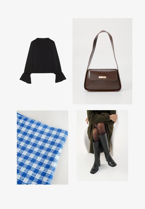 Černý top s dlouhými rukávy, který má rozšířené manžety, jemnou texturu a volný střih, s jednoduchým kulatým výstřihem.; Tkanina s kostkovaným vzorem v modré a světle modré barvě, s texturovaným pleteným designem, který má hladký povrch a jemný vzhled.; Černé kožené boty po kolena s hranatou špičkou a blokovým podpatkem, předvedené na modelce sedící v olivově zeleném kabátu. Hladký povrch, minimalizované detaily.; Hnědá kožená taška přes rameno se strukturovaným tvarem, vybavená magnetickou klopou a metalickým logem na přední straně.