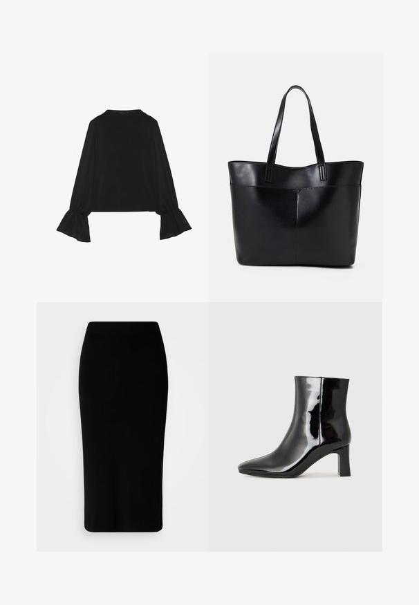 Svart langermet topp med utsvingte mansjetter, myk tekstur og avslappet passform, med enkel rund hals.; Strikket svart midi skjørt med høy midje og sidespalte. Glatt tekstur og enkelt design, egnet for allsidige stylingmuligheter.; Sorte patentlær ankle boot med spiss tå og en mellomhøy blokkhelt. Glatt tekstur og minimalistisk design.; Svart lær toteveske med to lange håndtak, en glatt tekstur og en strukturert form. Har en frontlomme for ekstra oppbevaring.