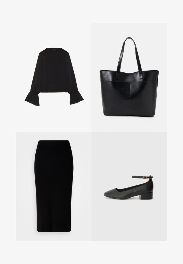 Juoda ilgomis rankovėmis palaidinė su išsiplėtusiais rankogaliais, minkšta tekstūra ir laisva forma, su paprastu apvaliu kaklu.; Juoda vidutinio ilgio megzta sijonas su prigludusia liemeniu ir šoninėmis skeltelėmis. Lygus paviršius ir paprastas dizainas, tinkantis įvairioms stiliaus galimybėms.; Juodas odinis aukštakulnis batelis su smailiu pirštu ir žemu bloku. Su kulkšnies dirželiu su auksinės spalvos sagtimi. Lygus paviršius.; Juoda odinė rankinė su dviem ilgais diržais, lygiu paviršiumi ir struktūrizuota forma. Yra priekinė kišenė papildomam saugojimui.