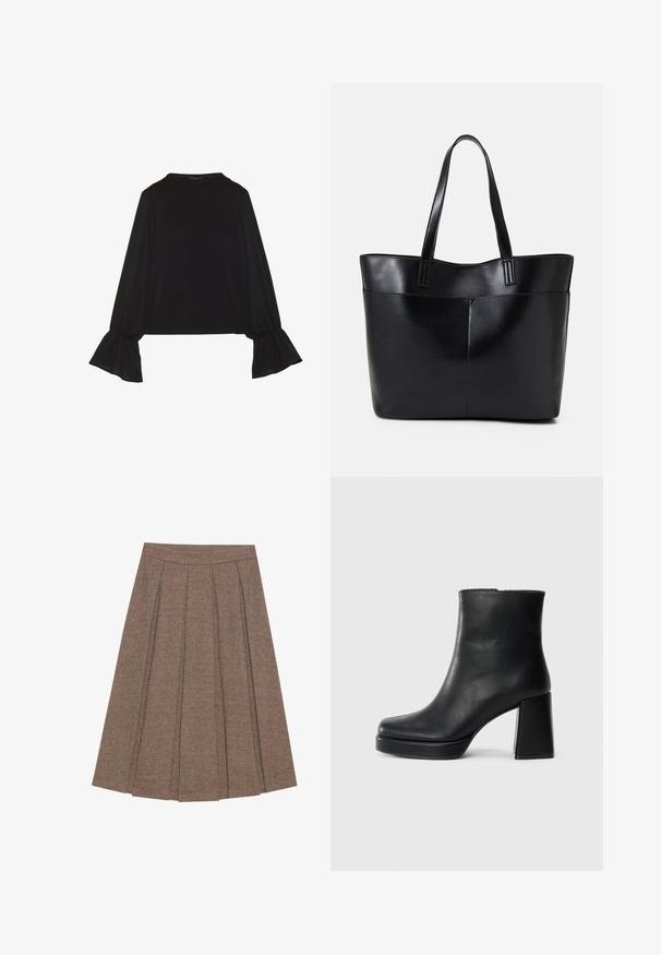 Melna garām piedurknēm krekls ar izplestu aproču, maigu tekstūru un brīvu piegriezumu, ar vienkāršu apaļu dekoltē.; Pleita svārki no brūna auduma ar zivju kaulu rakstu, ar pieguļošu jostasvietu un izplestu siluetu, kas nodrošina strukturētu tekstūru un dizainu.; Melna ādas potīšu zābaku ar bloku papēdi un platformas zoli, skatīts no sāna uz vienkārša balta fona.; Melnas ādas iepirkumu soma ar divām garām rokturām, gludu tekstūru un strukturētu formu. Iekļauj priekšējo kabatu papildu uzglabāšanai.