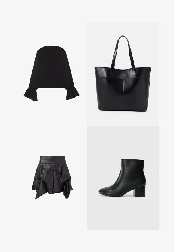 Top negru cu mânecă lungă, cu mansete evazate, textură moale și croială lejeră, având un guler rotund simplu.; Fustă neagră din piele cu un design asimetric, evazat, având detalii pliate și o talie ajustată. Textură netedă cu un finisaj lucios.; Cizme negre din piele până la gleznă, cu vârf ascuțit și toc robust. Textură netedă, cu accente minime și un design elegant, ajustat.; Geantă oversized din piele neagră, cu două mânere lungi, de textură netedă și formă structurată. Are un buzunar frontal pentru stocare suplimentară.