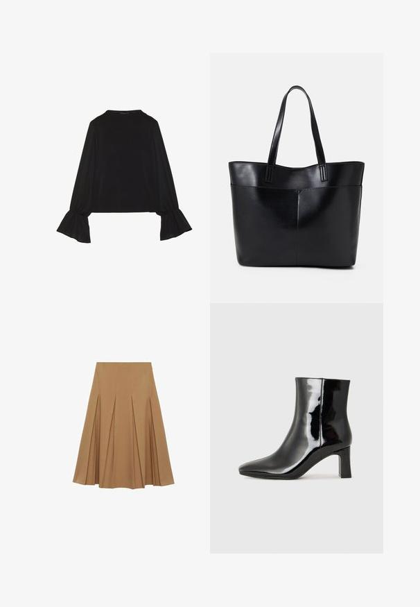 Črn dolg rokav vrh z razširjenimi manšetami, mehko teksturo in sproščenim krojem, z preprostim okroglim izrezom.; Nabrana krila iz svetlo rjave tkanine, s razširjeno silhueto in pasom, zasnovana za ohlapen kroj in enostavno gibanje.; Črne lakirane gležnjarje z ošiljenim nosom in srednje visokim blokastim peto. Gladka tekstura in minimalističen dizajn.; Črna usnjena torba z dvema dolgima ročajema, gladko teksturo in strukturirano obliko. Ima sprednji žep za dodatno shranjevanje.