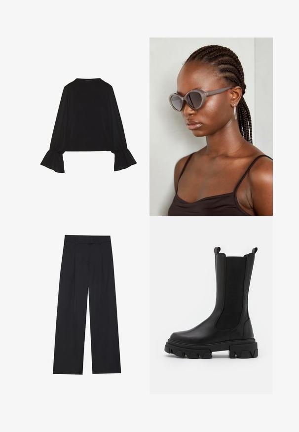Top negro de manga larga con puños acampanados, textura suave y un ajuste relajado, con un sencillo cuello redondo.; Pantalones de pierna ancha en color negro con una textura suave, que presentan dos pliegues frontales, una cinturilla y sin herrajes ni bolsillos visibles.; Pavement INA - Botas con plataforma - black; Gafas de sol grises de gran tamaño con forma redondeada y lentes oscuros. Montura de plástico elegante con un acabado suave. El modelo tiene el cabello trenzado.; Bolso cruzado de cuero negro con forma plana, acentos de hardware dorado y correa ajustable. Textura suave con detalles de costura mínimos.