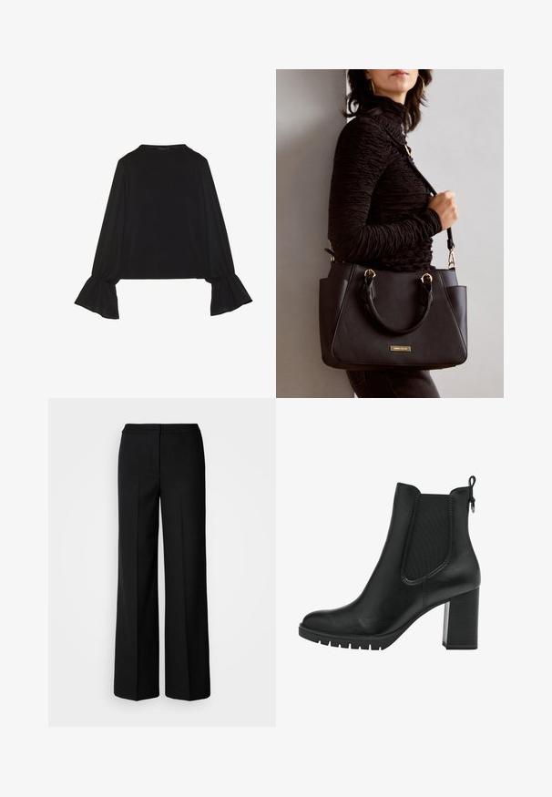 Top negro de manga larga con puños acampanados, textura suave y un ajuste relajado, con un sencillo cuello redondo.; Pantalones de pierna ancha negros con una tela suave, que presentan una cintura alta, costuras ajustadas y un diseño minimalista. Sin herrajes visibles ni bolsillos.; Tamaris CHELSEA - Botines con plataforma - black; Bolso negro con superficie texturizada, doble asa superior y correa para hombro ajustable. Presenta herrajes en tono dorado y bolsillos laterales.