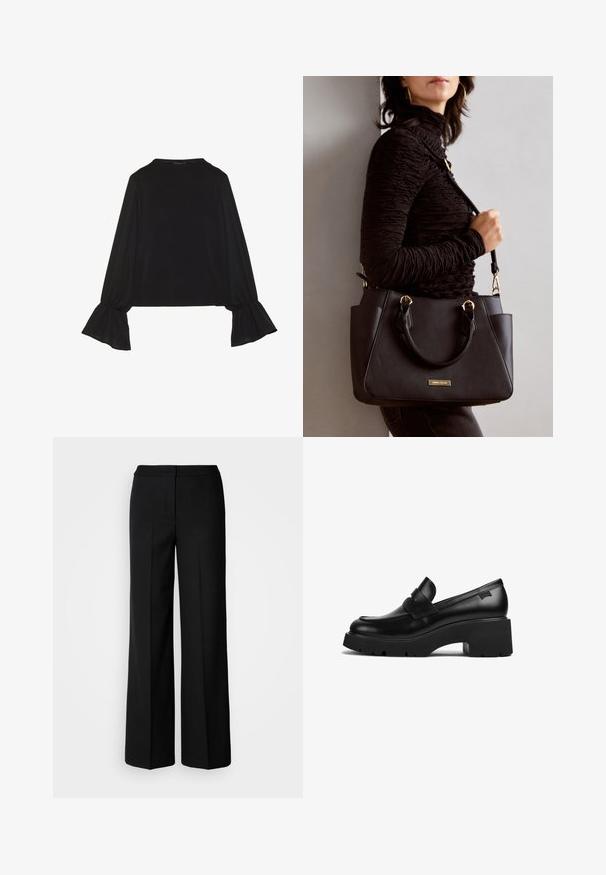 Top negro de manga larga con puños acampanados, textura suave y un ajuste relajado, con un sencillo cuello redondo.; Pantalones de pierna ancha negros con una tela suave, que presentan una cintura alta, costuras ajustadas y un diseño minimalista. Sin herrajes visibles ni bolsillos.; Mocasín de cuero negro con tacón grueso y suela gruesa, con un detalle de correa en la parte superior, mostrado de lado sobre un fondo blanco.; Bolso negro con superficie texturizada, doble asa superior y correa para hombro ajustable. Presenta herrajes en tono dorado y bolsillos laterales.