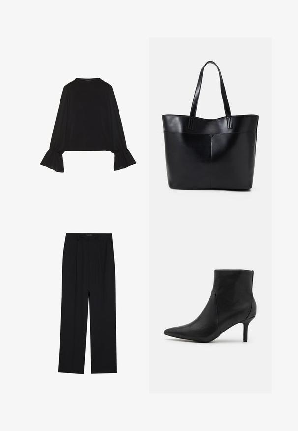 Melna garām piedurknēm krekls ar izplestu aproču, maigu tekstūru un brīvu piegriezumu, ar vienkāršu apaļu dekoltē.; Melni bikses ar taisnu kāju dizainu, kurām ir divi priekšējie kabatas un jostasvieta. Izgatavotas no gludas, vieglas auduma.; Anna Field Puszābaki - black; Melnas ādas iepirkumu soma ar divām garām rokturām, gludu tekstūru un strukturētu formu. Iekļauj priekšējo kabatu papildu uzglabāšanai.