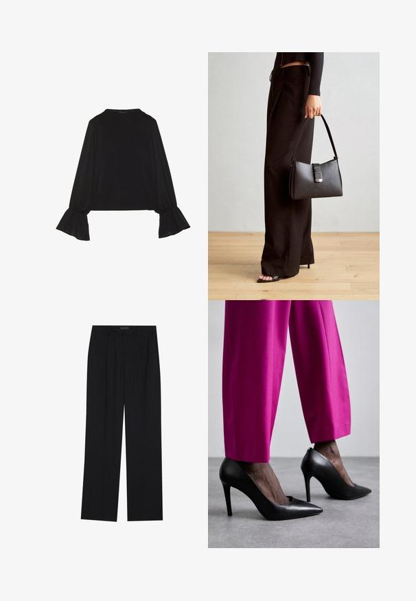 Maglietta nera a maniche lunghe con polsini svasati, texture morbida e vestibilità rilassata, con un semplice collo rotondo.; Pantaloni neri con un design a gamba dritta, dotati di due tasche frontali e di una vita. Realizzati in un tessuto morbido e leggero.; Scarpe nere con tacco alto, dal design a punta e texture liscia in pelle. Indossate con pantaloni su misura di un vivace colore rosa.; Borsa nera con forma strutturata, texture liscia e una chiusura metallica. Abbinata a pantaloni neri larghi e sandali open-toe su un pavimento in legno.