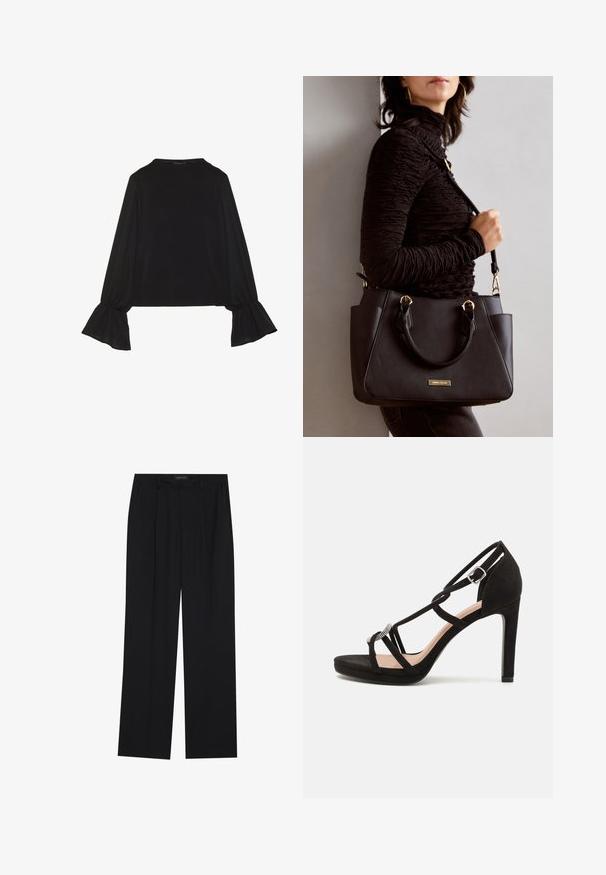 Fekete, hosszú ujjú felső, harang alakú mandzsettákkal, puha textúrával és laza szabással, egyszerű, kerek nyakkivágással.; Fekete nadrág egyenes szárú kialakítással, két első zsebbel és derékrésszel. Simának és könnyű anyagból készült.; Fekete velúr magas sarkú szandál keresztezett pántokkal, díszes ezüstszínű akcentussal és emelt talprésszel a nagyobb magasságért.; Fekete kézitáska texturált felülettel, dupla felső fogantyúval és állítható vállpánttal. Arany színű fém kiegészítők és oldalsó zsebek találhatók rajta.