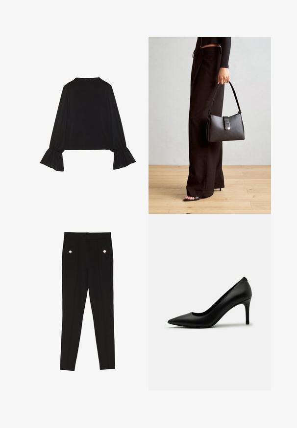 Sort langærmet top med flagrende manchetter, blød tekstur og en afslappet pasform, samt en enkel rund halsudskæring.; Sorte skrædderbukser med en glat tekstur, der har to forlommer med dekorative hardwaredetaljer og en slim-fit design.; Sorte højhælede pumps lavet af glat læder, med en spids tå og en slank stilettohæl. Minimalistisk design uden synlige udsmykninger.; Sort håndtaske med struktureret form, glat overflade og metalspænde. Sammen med brede sorte bukser og sandaler med åben tå på trægulv.