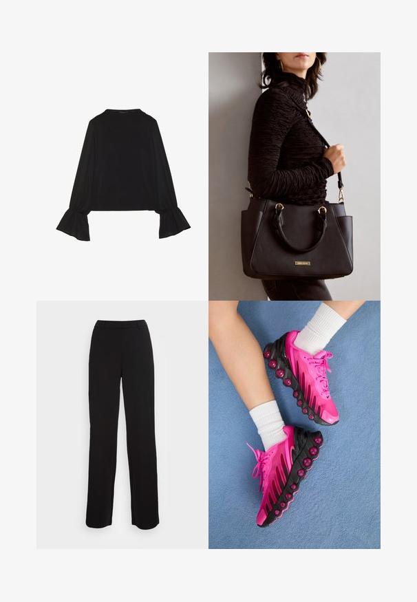 Top preto de mangas longas com punhos largos, textura suave e um corte descontraído, com um simples decote redondo.; Calças pretas com um design de perna reta, textura suave e uma cintura ajustada. Apresentam bolsos frontais e um detalhe de costura minimalista.; Ténis de desporto rosa com detalhes em preto, sola em bolha translúcida, parte superior em malha e atacadores. Usados com meias brancas de cano curto sobre uma superfície azul.; Bolsa preta com superfície texturizada, alças superiores duplas e alça de ombro ajustável. Apresenta ferragens em tom dourado e bolsos laterais.