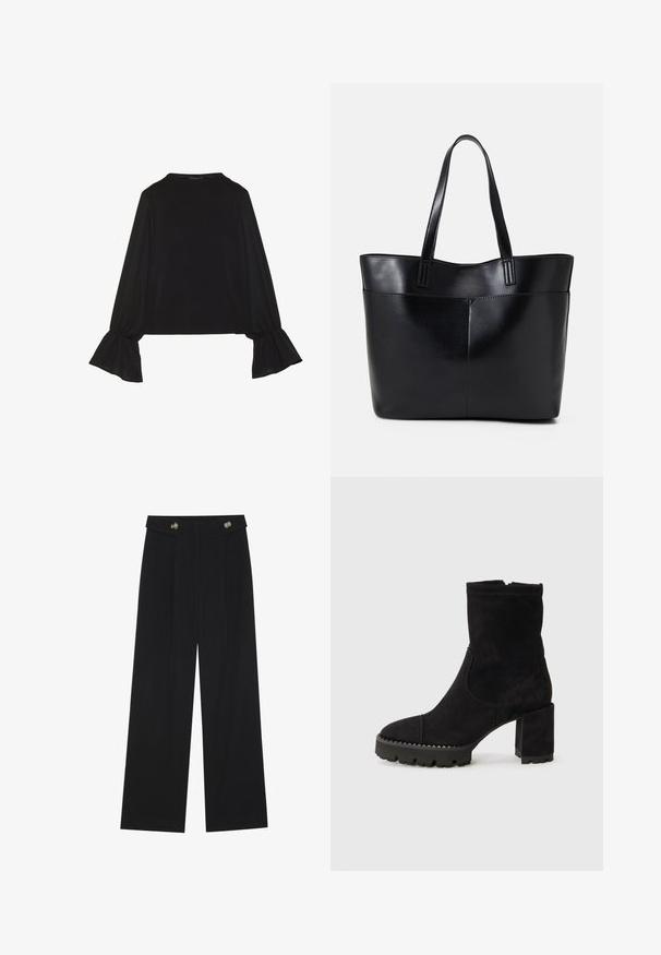 Czarny top z długim rękawem, z rozkloszowanymi mankietami, miękką fakturą i luźnym krojem, z prostym okrągłym dekoltem.; Czarne szerokie spodnie z wysokim stanem, z detalami w postaci guzików na pasku oraz plisami z przodu.; Czarne botki za kostkę wykonane z zamszu, z kwadratowym noskiem, masywnym obcasem i teksturowaną gumową podeszwą z akcentami w zygzak. Gładkie wykończenie.; Czarna skórzana torba na ramię z dwoma długimi uchwytami, gładką teksturą i sztywną formą. Posiada przednią kieszeń dla dodatkowego przechowywania.