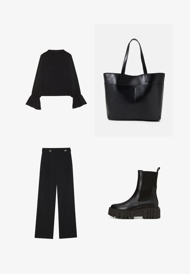 Čierny top s dlhými rukávmi, flitrovanými manžetami, mäkkou textúrou a voľným strihom, s jednoduchým okrúhlym výstrihom.; Čierne široké nohavice s vysokým pásom, so zapínaním na gombíky na páse a prednými sklady.; Čierne kožené členkové topánky s robustnou platformou a elastickými bočnými panelmi pre jednoduché obúvanie. Diskrétny branding po boku.; Čierna kožená tote taška s dvoma dlhými rúčkami, hladkým povrchom a štruktúrovaným tvarom. Obsahuje prednú kapsu pre dodatočné uskladnenie.