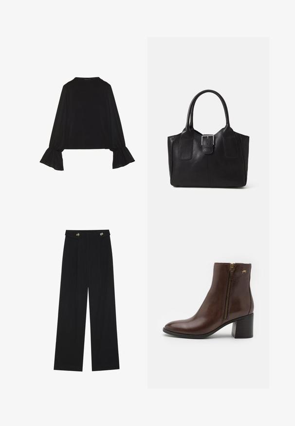 Svart langermet topp med utsvingte mansjetter, myk tekstur og avslappet passform, med enkel rund hals.; Svart vide bukser med høy midje, knappdetaljer på midjebåndet og frontplisser.; Brune skinn ankelstøvel med rund tå, glidelås på siden med gullbelagte detaljer, og en blokkhæl med et teksturert mønster.; Svart skinn toteveske med jevn tekstur, strukturert form, to håndtak og en fremtredende sølvspenne foran.