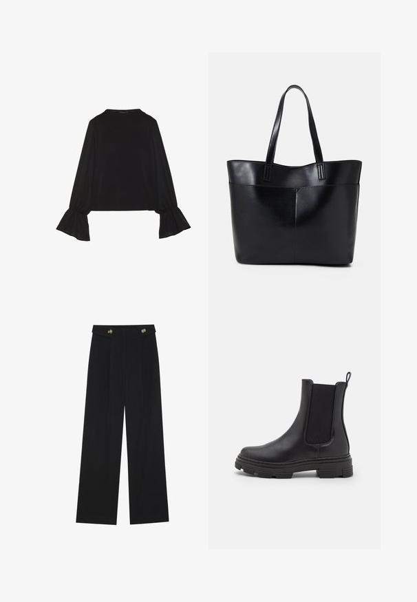 Juoda ilgomis rankovėmis palaidinė su išsiplėtusiais rankogaliais, minkšta tekstūra ir laisva forma, su paprastu apvaliu kaklu.; Juodi plačios kojos kelnės su aukštu liemeniu, sagų detalėmis ant liemens ir priekinėmis raukšlėmis.; Juodos odinės kulkšninės botai su elastinėmis šoninėmis juostomis, apvalia nosimi ir tekstūruotu guminiu padu. Yra kilpa gale, skirta patogiam užsidėjimui.; Juoda odinė rankinė su dviem ilgais diržais, lygiu paviršiumi ir struktūrizuota forma. Yra priekinė kišenė papildomam saugojimui.