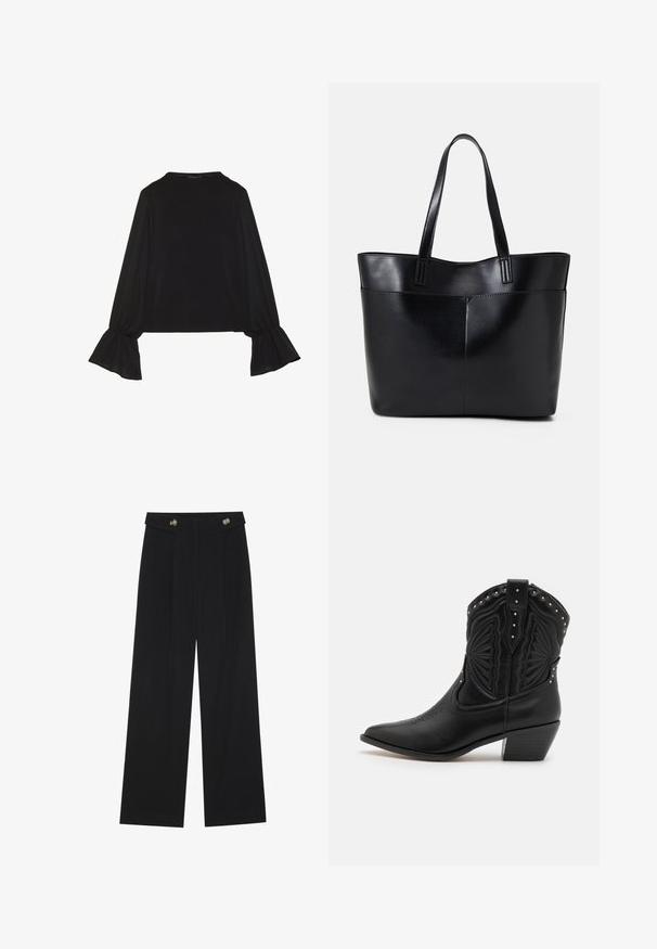 Mustsärgid musta tooniga, pika varrukaga, flöödid käised, pehme tekstuur ja vabalt langev lõige, lihtsa ümaraga kaelusega.; Mustad laiad püksid kõrge vöökoha ja nööpdetailidega vööandil, esikortsudega.; Mustad mustangid mustast nahast koos teravate varvaste, dekoratiivse tikandi ja metallist narmastega üleval. Kihilised kantid ja tekstureeritud viimistlus.; Must mustaga musta nahast, millel on kaks pikka kanda, sile tekstuur ja struktureeritud kuju. Esipoolsel on lisakoti jaoks tasku.