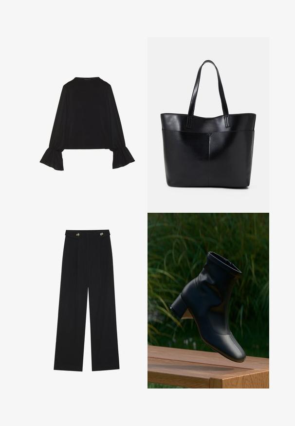 Czarny top z długim rękawem, z rozkloszowanymi mankietami, miękką fakturą i luźnym krojem, z prostym okrągłym dekoltem.; Czarne szerokie spodnie z wysokim stanem, z detalami w postaci guzików na pasku oraz plisami z przodu.; Czarne skórzane botki za kostkę na słupkowym obcasie uniesione nad drewnianym stołem, w tle zielona trawa.; Czarna skórzana torba na ramię z dwoma długimi uchwytami, gładką teksturą i sztywną formą. Posiada przednią kieszeń dla dodatkowego przechowywania.