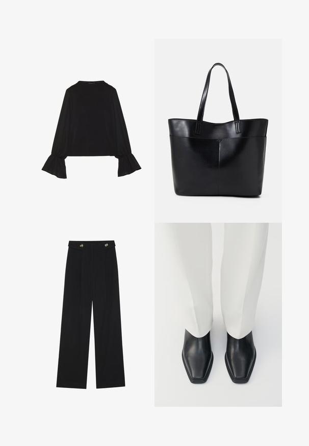 Black long-sleeve top featuring flared cuffs, soft texture, and a relaxed fit, with a simple round neckline.; Black wide-leg trousers with high waist, button details on waistband, and front pleats.; Black leather ankle boots with a pointed toe and a low stacked heel, paired with white wide-leg trousers. Smooth texture, sleek design.; Black leather tote bag with two long handles, a smooth texture, and a structured shape. Features a front pocket for additional storage.